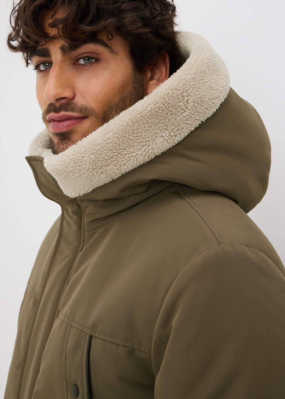 Khaki Borg Lined Hooded Parka