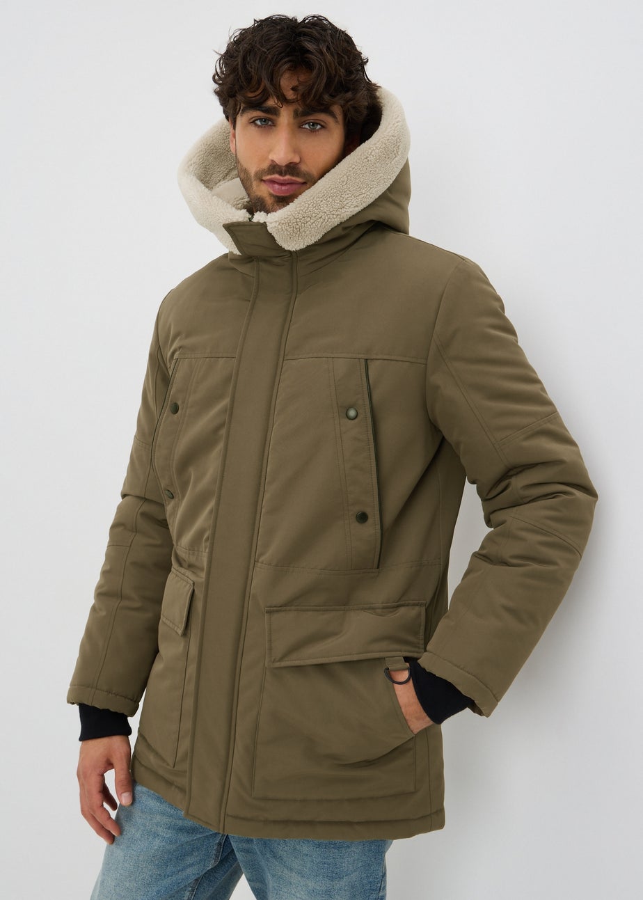 Khaki Borg Lined Hooded Parka