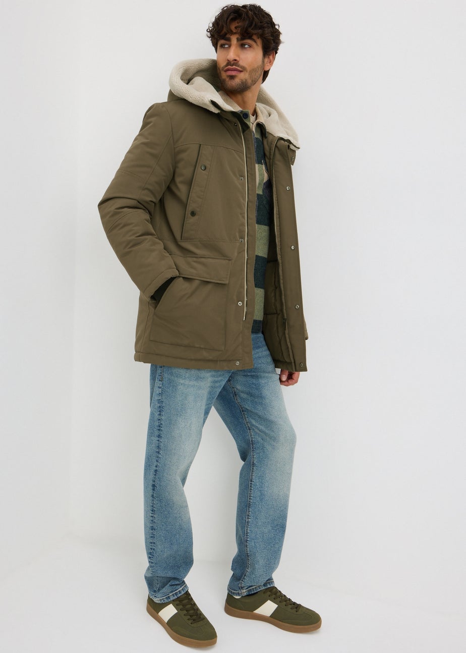 Khaki Borg Lined Hooded Parka