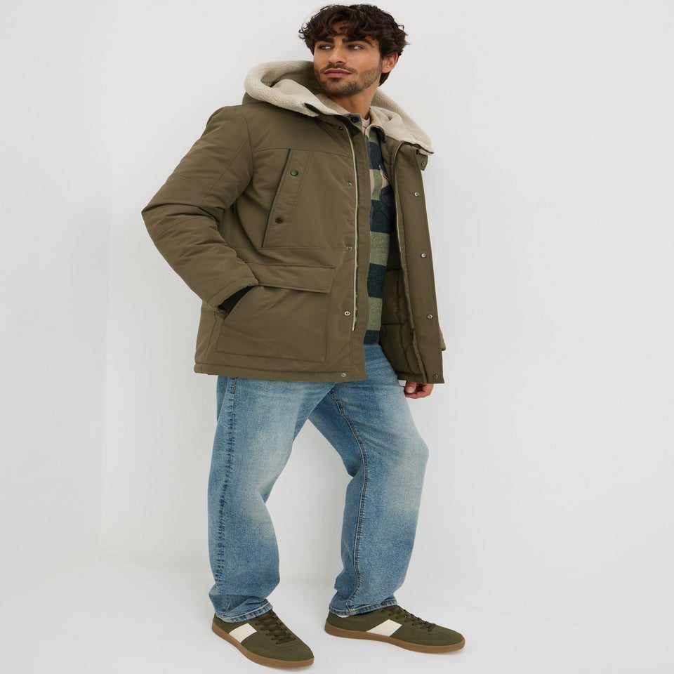 Khaki Borg Lined Hooded Parka
