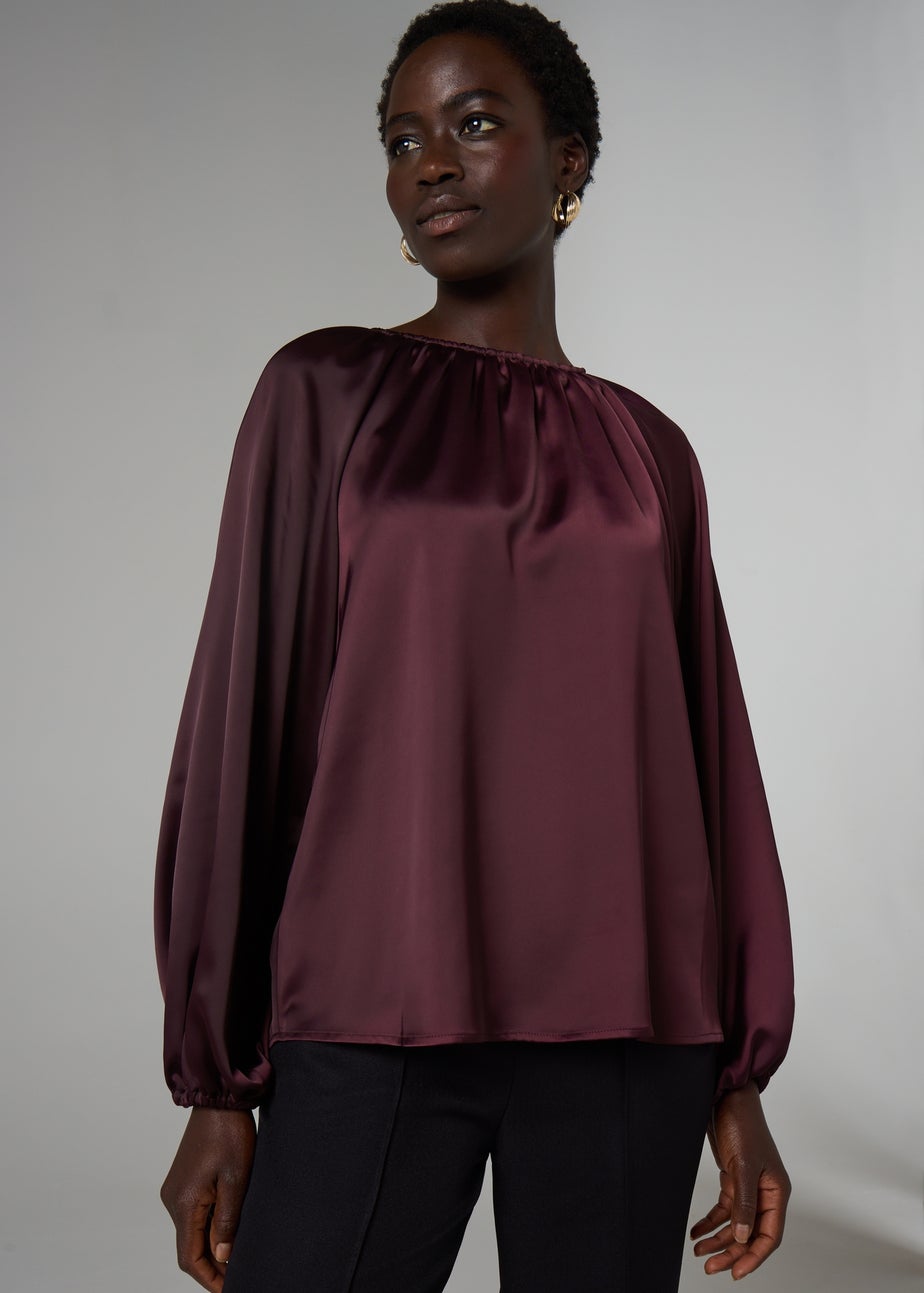 Et Vous Burgundy Satin Long Sleeve Blouse