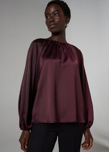 Et Vous Burgundy Satin Long Sleeve Blouse
