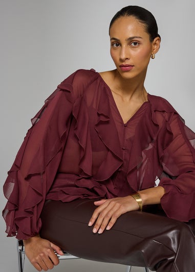 Et Vous Burgundy Chiffon Frill Blouse