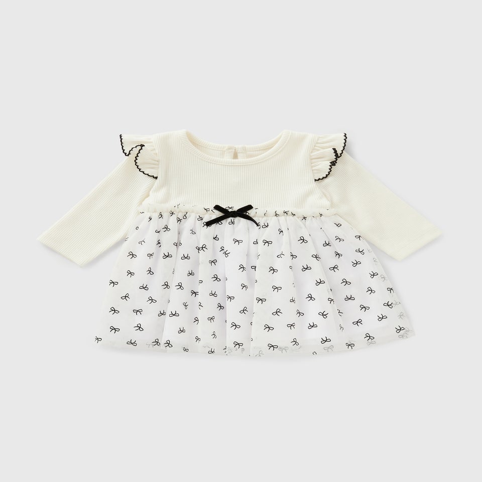 Baby Cream Mono Bow Mesh Dress (Newborn-23mths)
