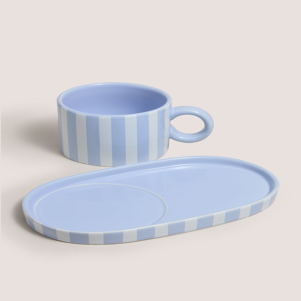 Blue Stripe Soup Bowl & Plate Set