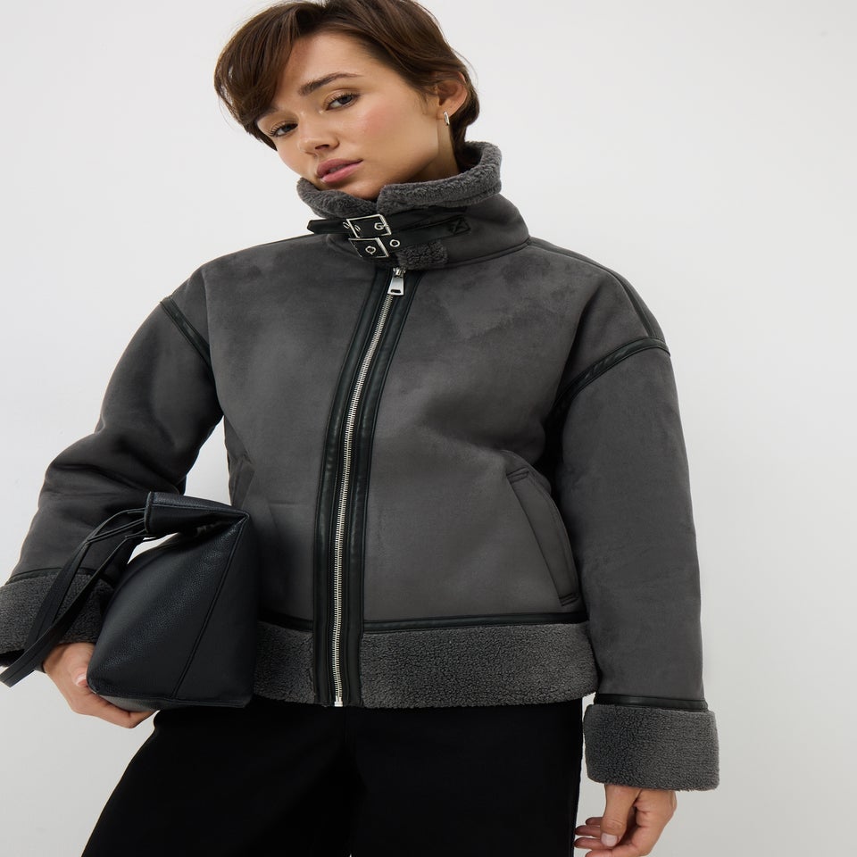 Grey Aviator Suedette Jacket