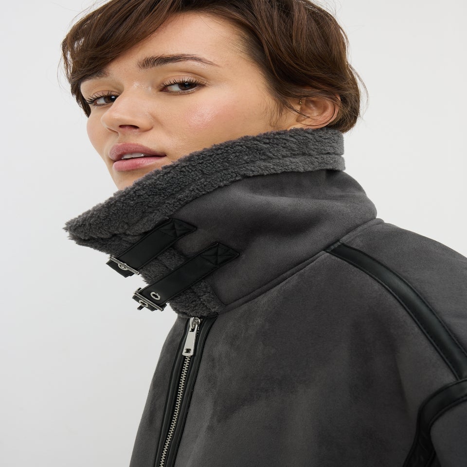 Grey Aviator Suedette Jacket