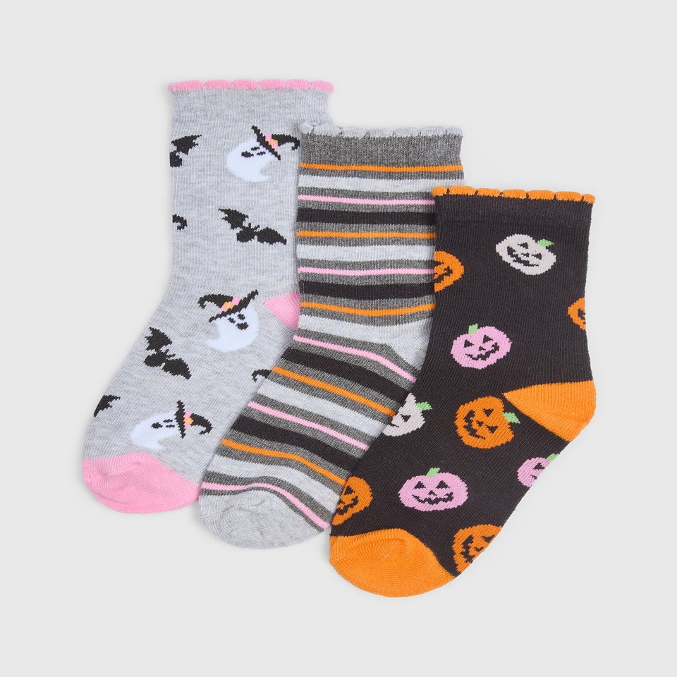 3 Pack Girls Multicolour Halloween Socks (Younger 6-Older 6.5)