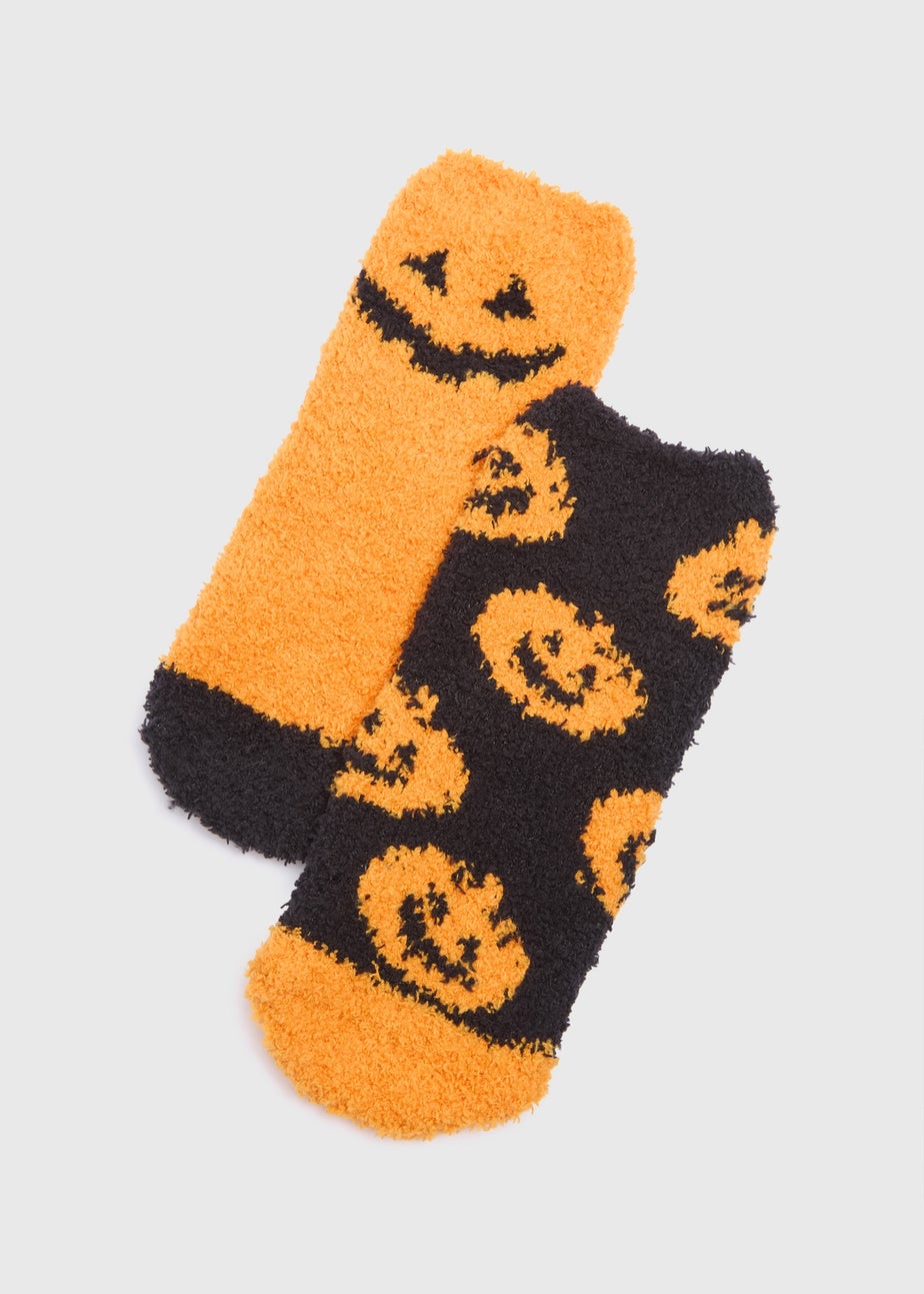 2 Pack Boys Orange Halloween Pumpkin Fluffy Socks (Younger 6-Older 6.5)