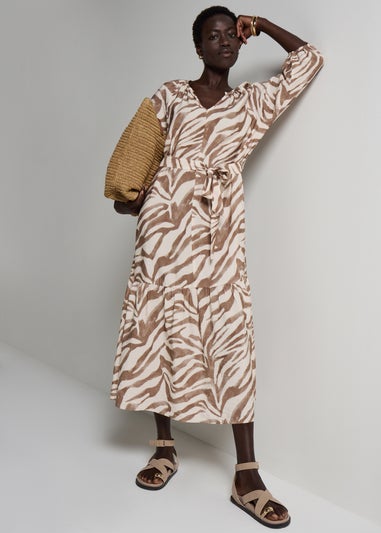 Brown Zeba Print Belted Midaxi Dress