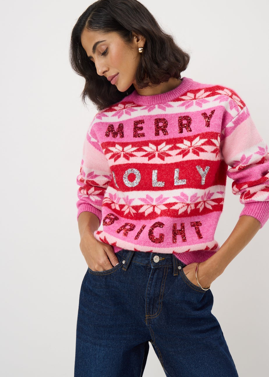 Pink Merry Jolly & Bright Christmas Jumper