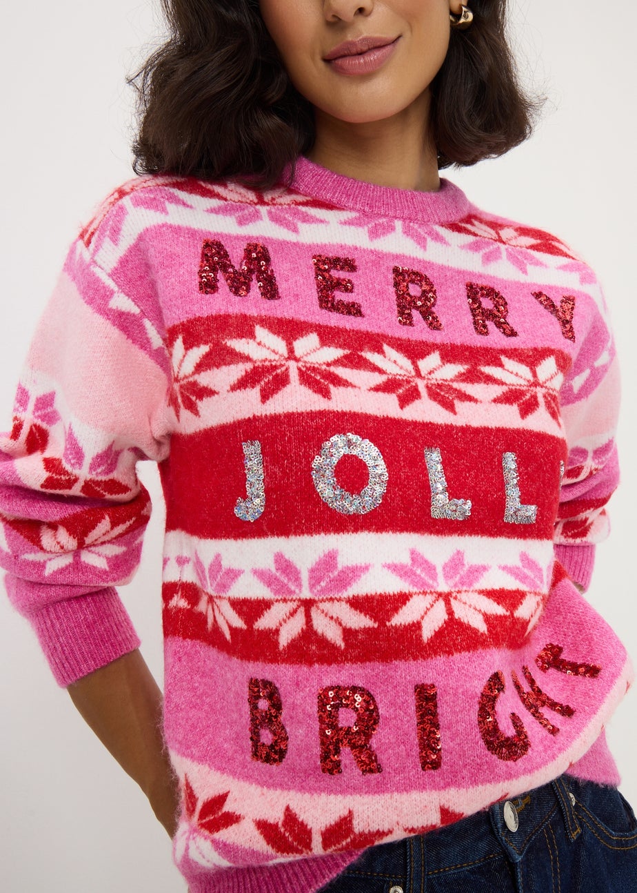 Pink Merry Jolly & Bright Christmas Jumper