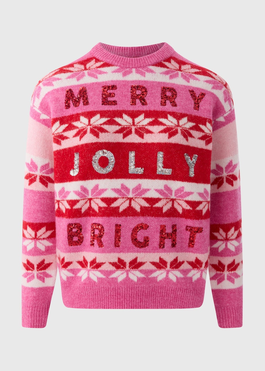 Pink Merry Jolly & Bright Christmas Jumper