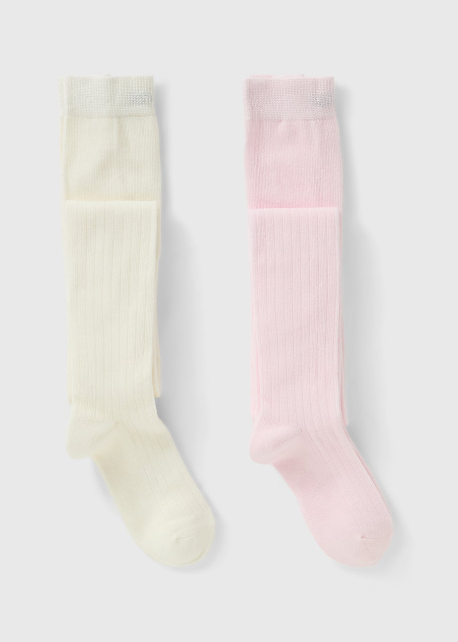 2 Pack Girls Pink & Cream Ribbed Tights (2-11yrs)