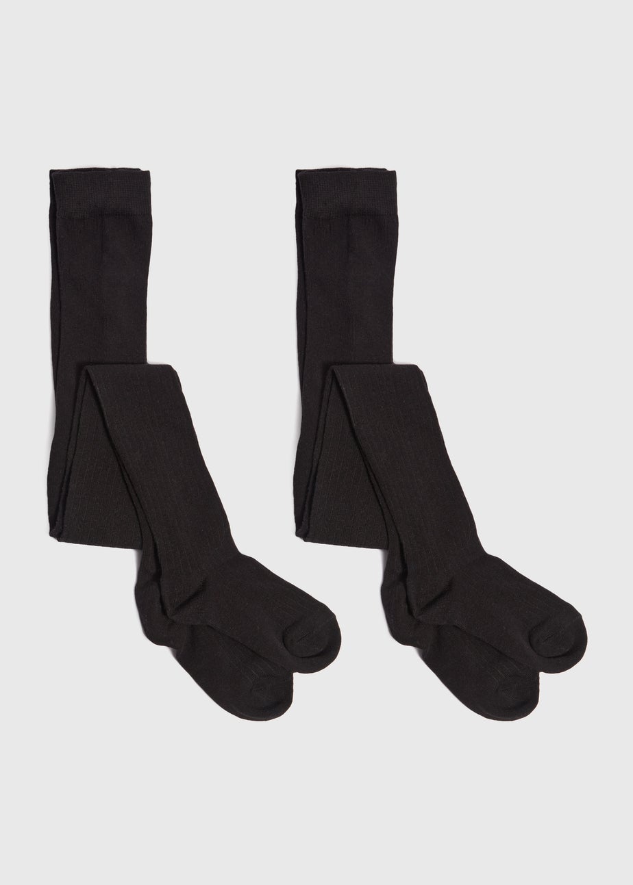 2 Pack Girls Black Ribbed Tights (4-13yrs)