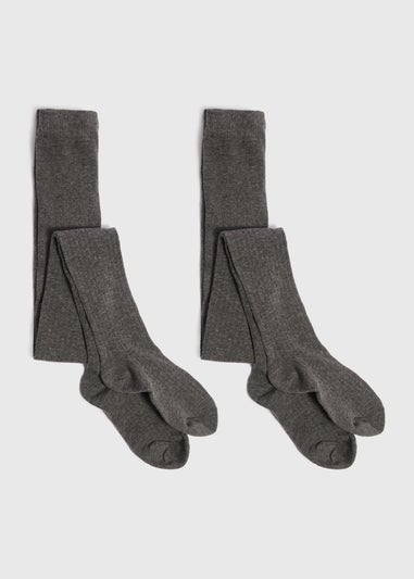 2 Pack Girls Grey Ribbed Tights (4-13yrs)