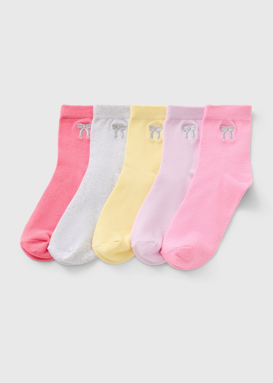 5 Pack Girls Multicolour Bow Embroidered Socks (Younger 6-Older 6.5)