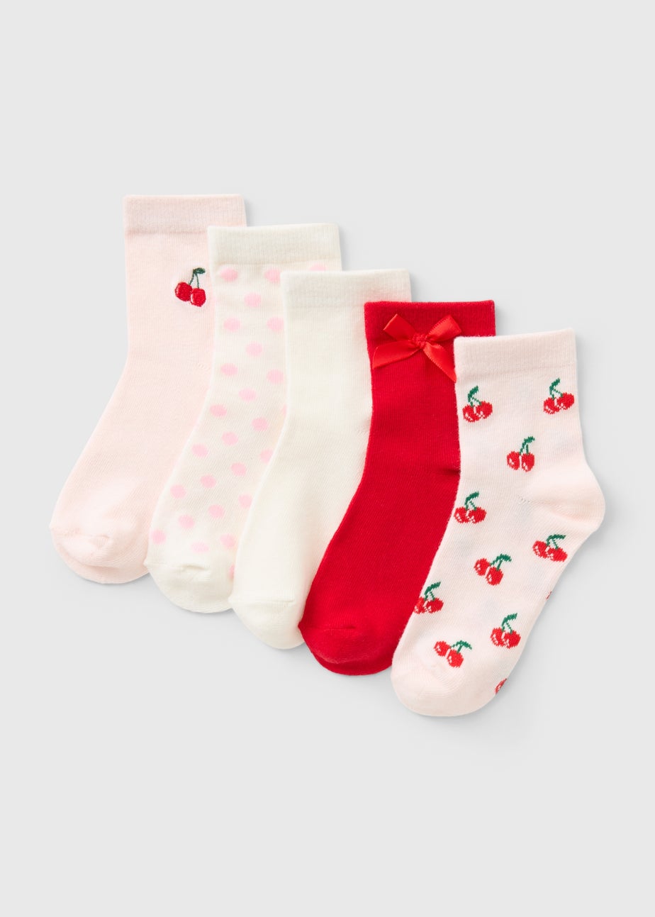 5 Pack Girls Red Cherry Socks (Younger 6-Older 6.5)