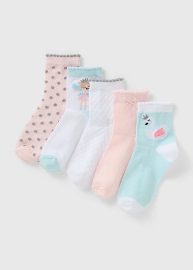 5 Pack Girls Pink Swan Fairy Socks (Younger 6-Older 6.5)