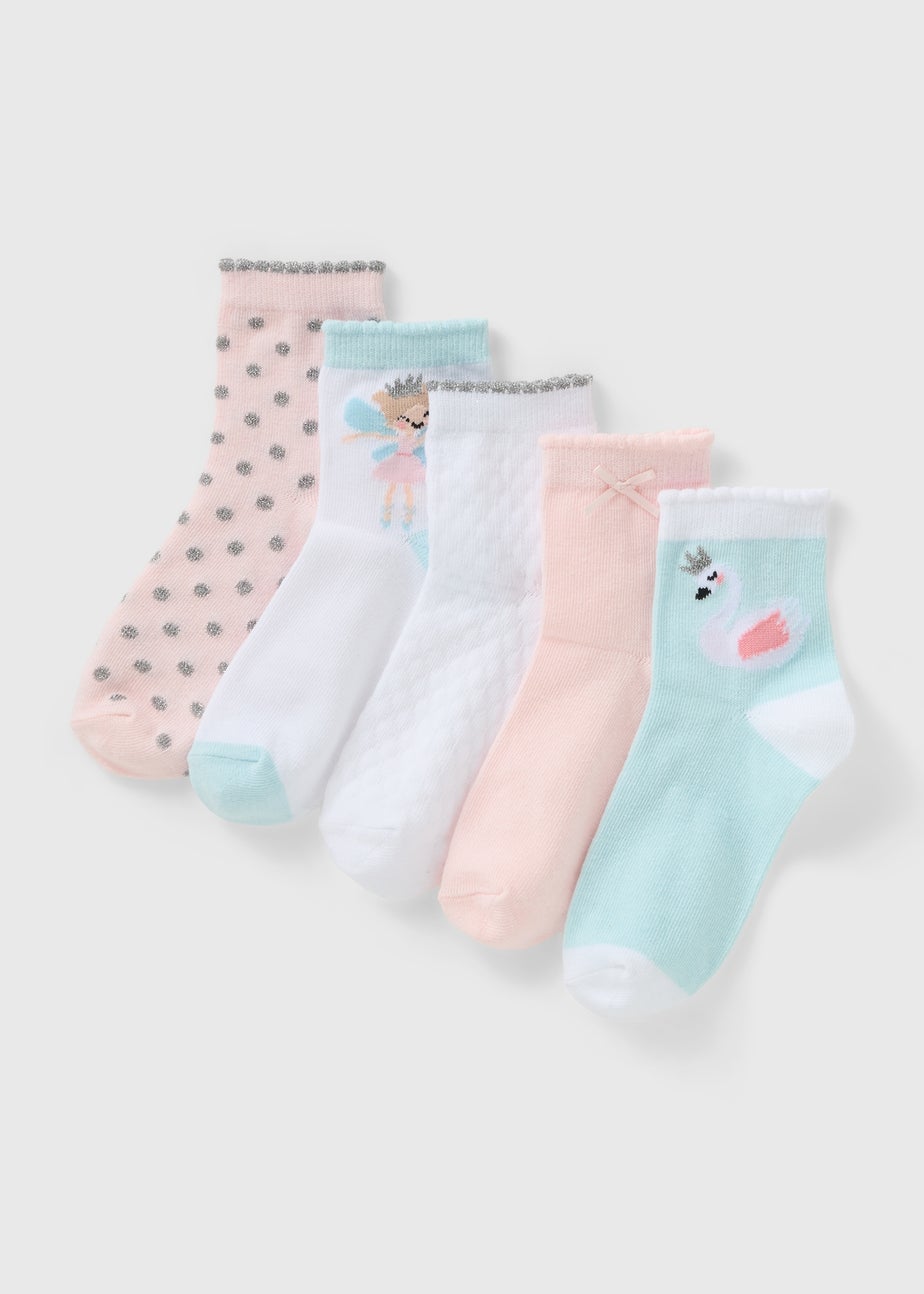 5 Pack Girls Pink Swan Fairy Socks (Younger 6-Older 6.5)