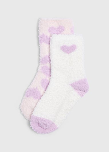 2 Pack Girls Purple Heart Fluffy Socks (Younger 6-Older 6.5)