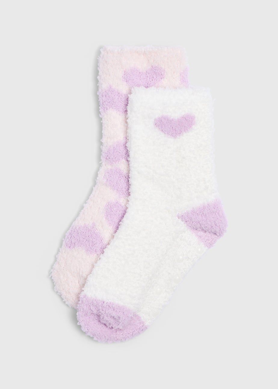 2 Pack Girls Purple Heart Fluffy Socks (Younger 6-Older 6.5)
