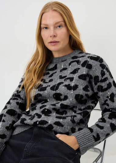 Grey Sequin Animal Print Jumper