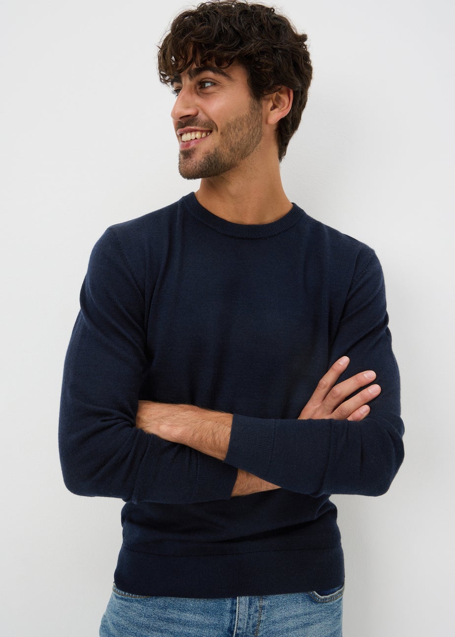Navy Merino Wool Crew Neck Jumper