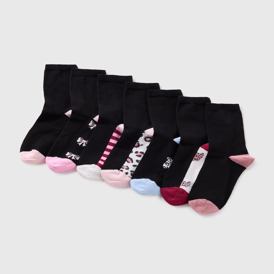Girls 7 Pack Black Animal Print Socks