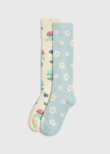 2 Pack Girls Flower Welly Socks (Younger 6-Older 6.5)