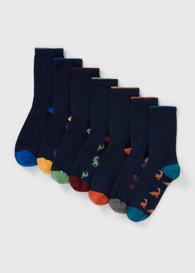 7 Pack Boys Black Dino Footbed Socks (Younger 6-Older 6.5)