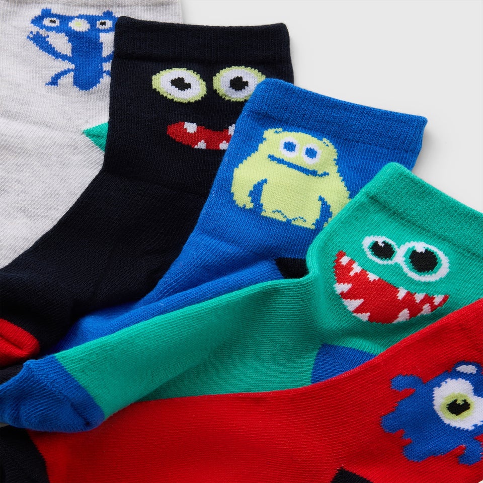 5 Pack Multicolour Monster Ankle Socks (Younger 6-Older 6.5)