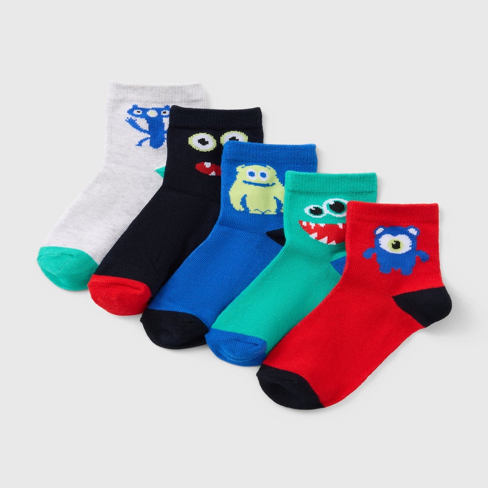 5 Pack Multicolour Monster Ankle Socks (Younger 6-Older 6.5)