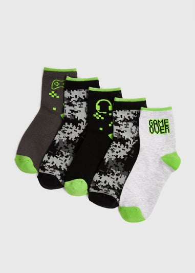 5 Pack Boys Grey Gamer Ankle Socks (Younger 6-Older 6.5)