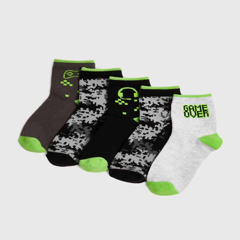 5 Pack Boys Grey Gamer Ankle Socks (Younger 6-Older 6.5)