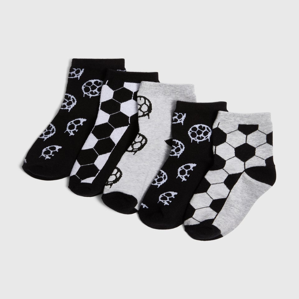 5 Pack Boys Black Football Ankle Socks (Younger 6-Older 6.5)