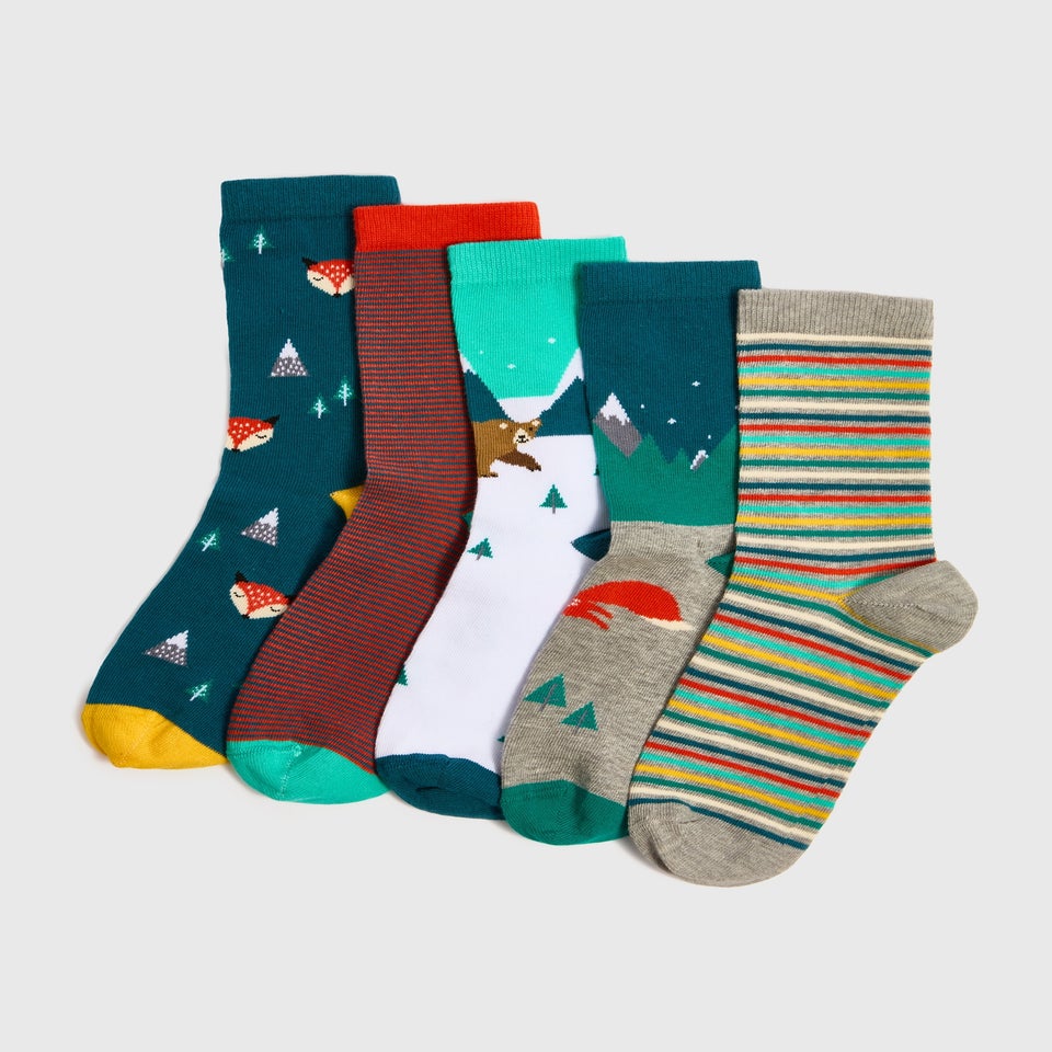 5 Pack Boys Multicolour Fox Stripe Socks (Younger 6-Older 6.5)