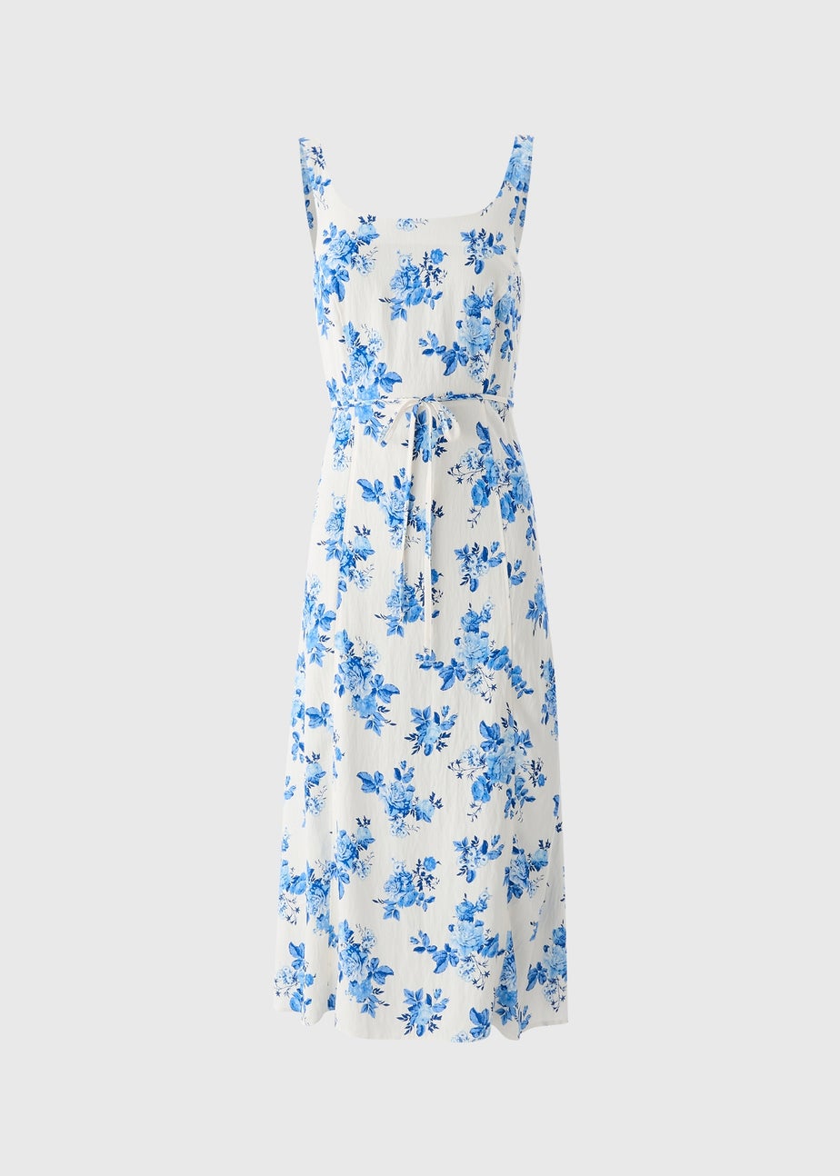 Blue Floral Tie Midi Dress