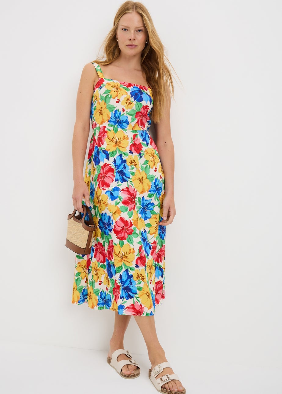 Multicolour Floral Back Bow Midi Dress