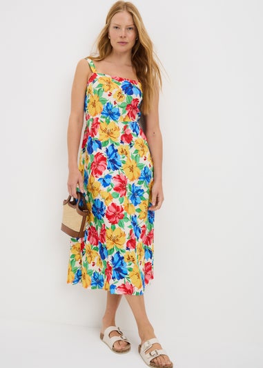 Multicolour Floral Back Bow Midi Dress