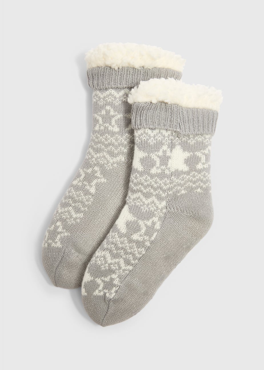 Girls Grey Fairisle Slipper Socks (Younger 6-Older 6.5)