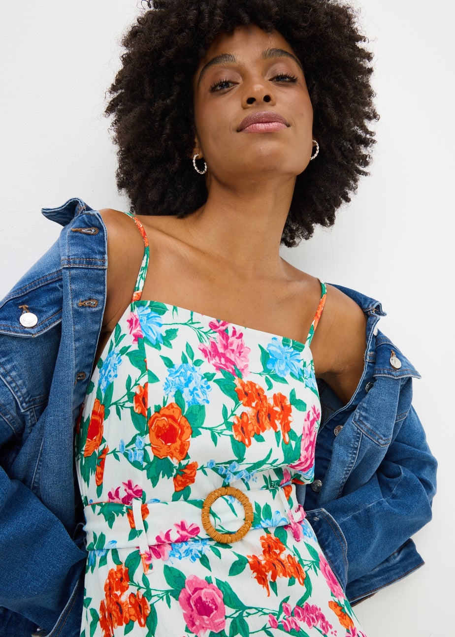 Cream Floral Buckle Belted Midi Dress