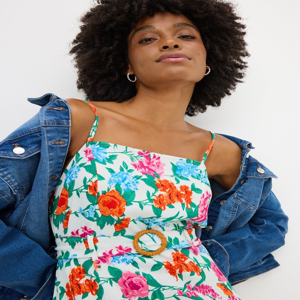 Cream Floral Buckle Belted Midi Dress