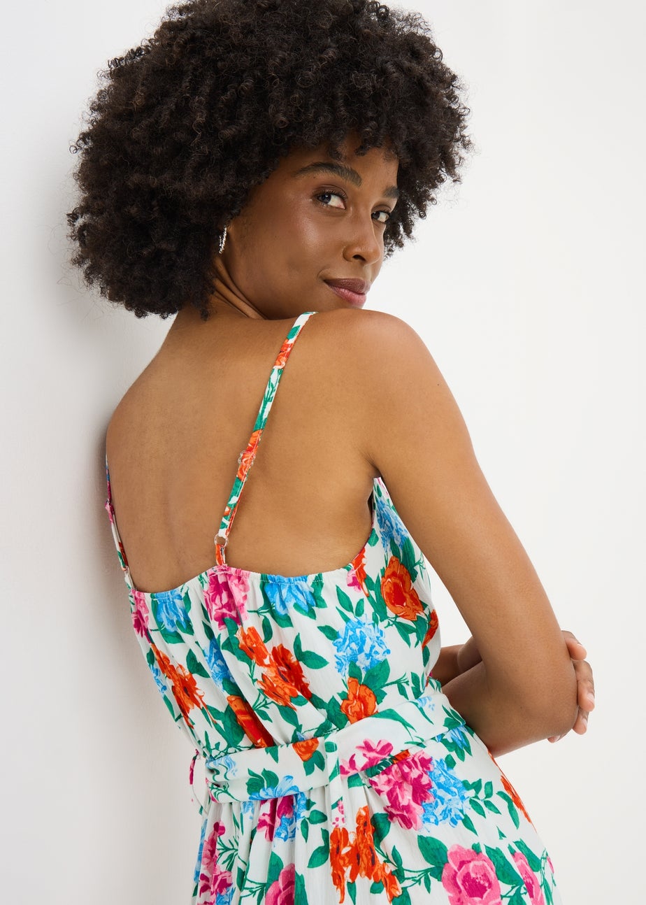 Cream Floral Buckle Belted Midi Dress