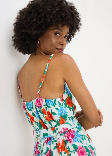 Cream Floral Buckle Belted Midi Dress