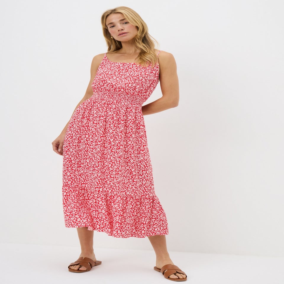 Red Floral Shirred Strapy Dress