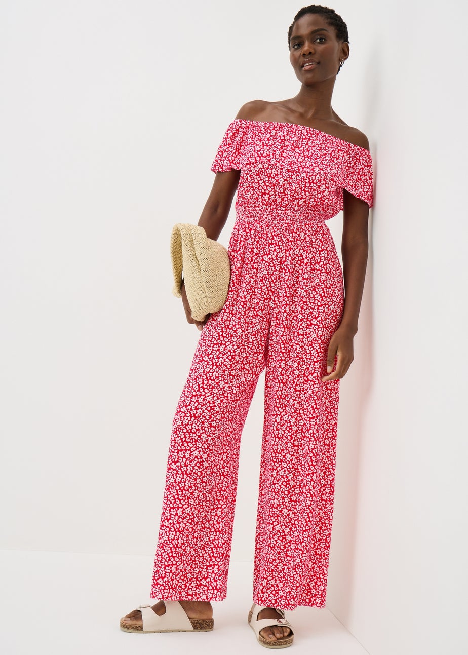 Red Floral Shirred Frill Jumpsuit