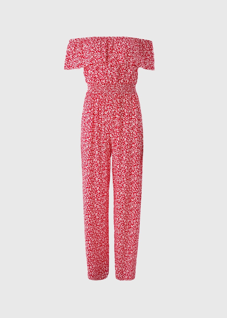 Red Floral Shirred Frill Jumpsuit