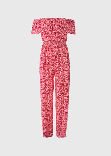 Red Floral Shirred Frill Jumpsuit