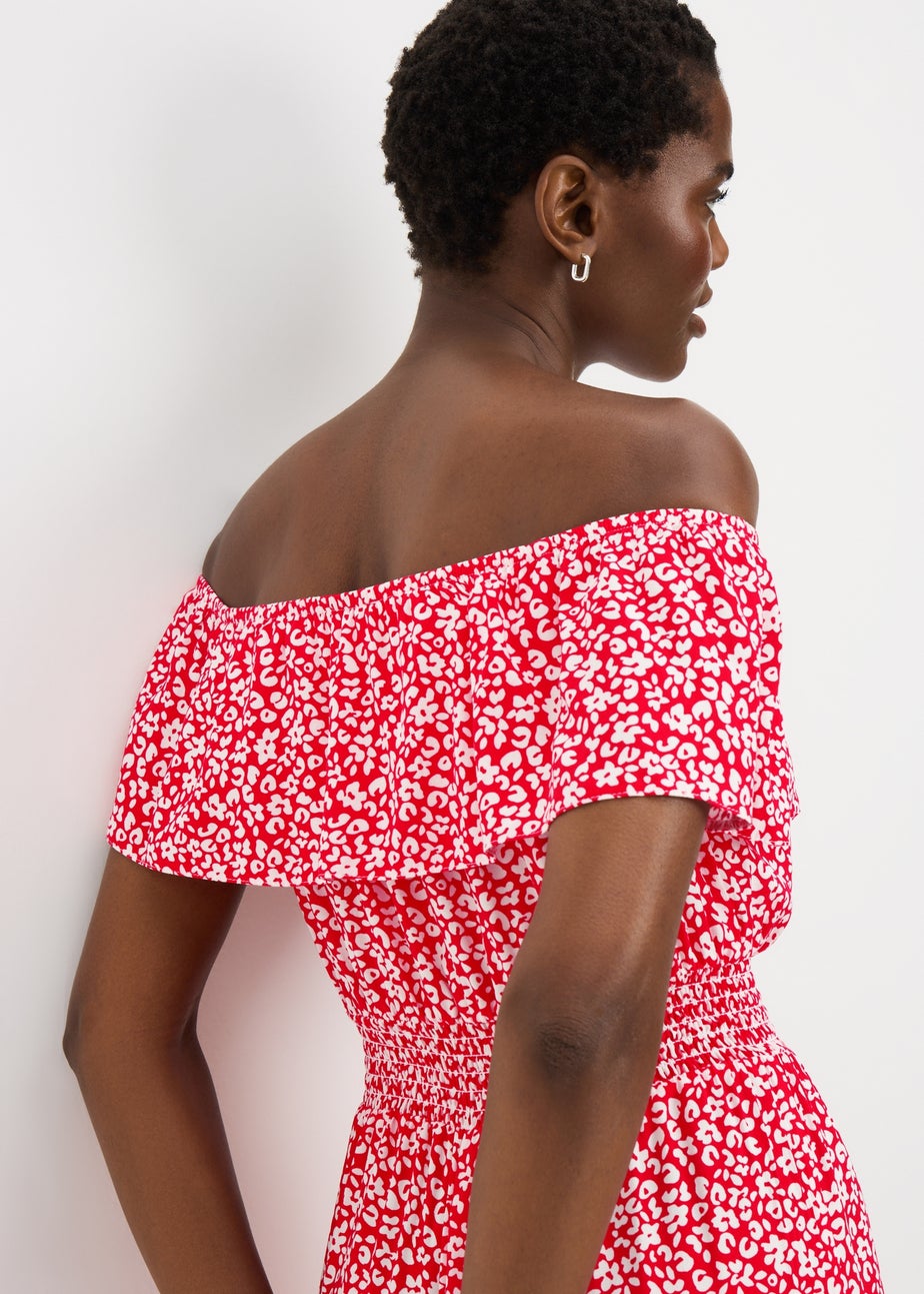 Red Floral Shirred Frill Jumpsuit